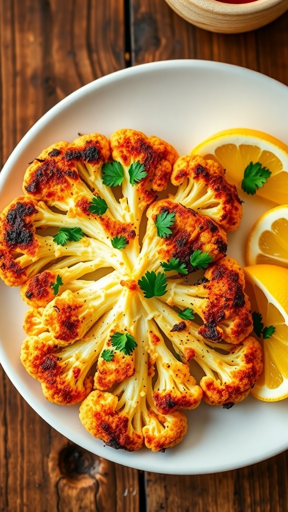 Roasted cauliflower steak garnished with parsley and lemon wedges on a rustic table.